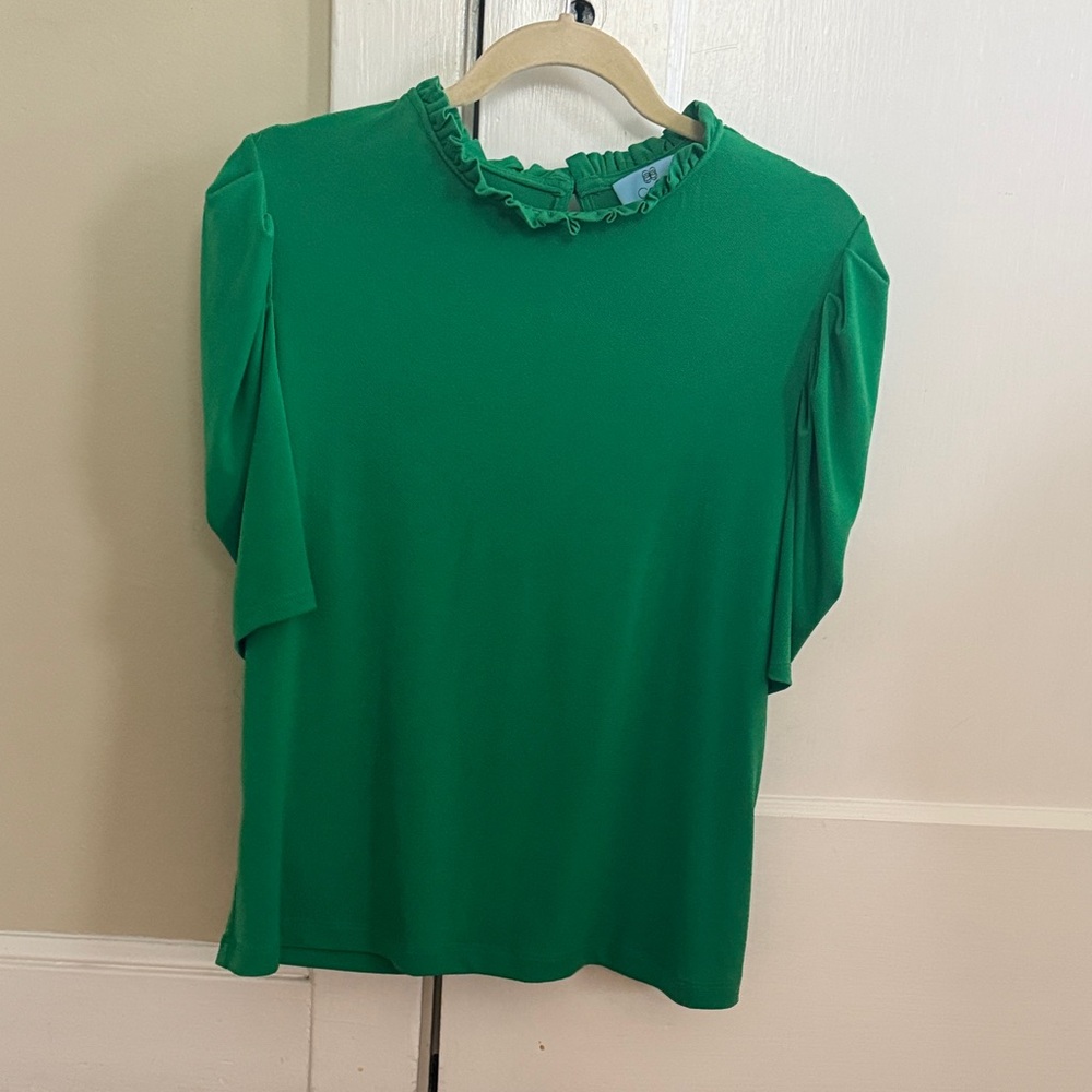 CeCe Vibrant Green Ruffle Neck Blouse